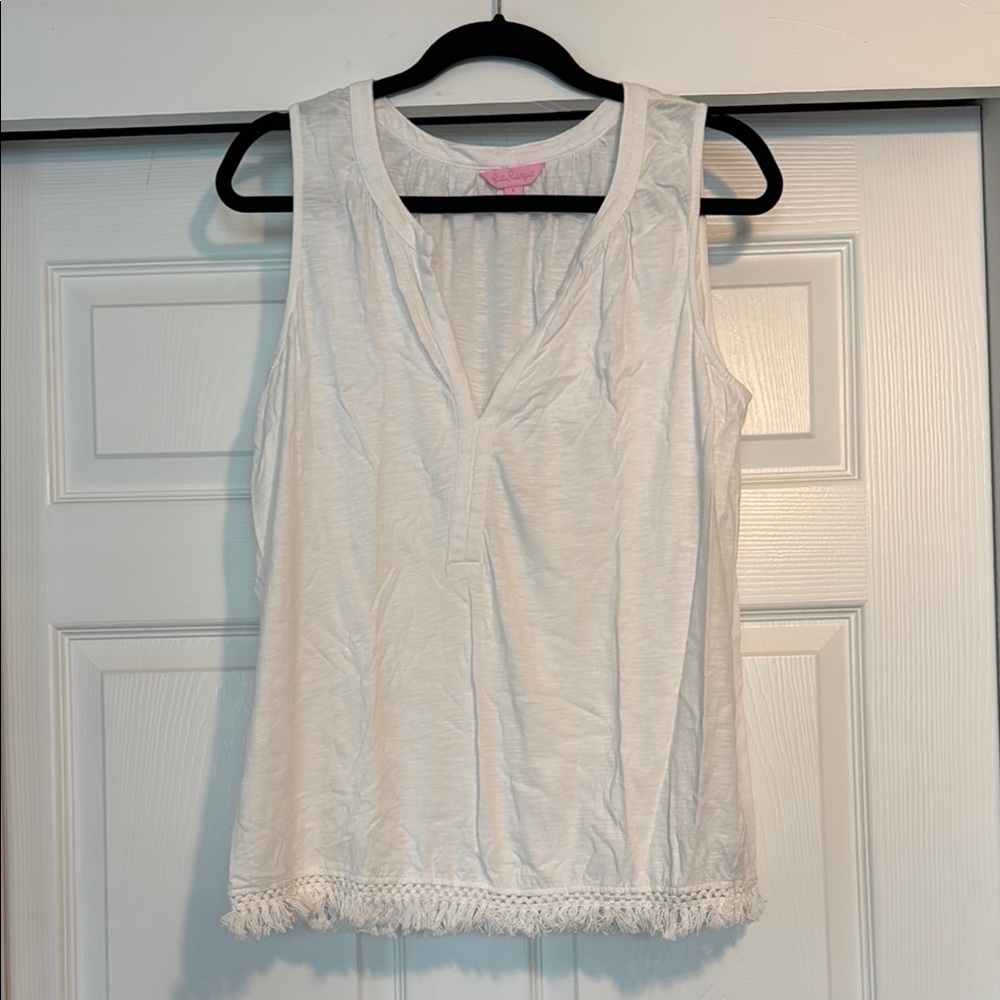 Lilly Pulitzer White Tank Top with Fringe Hem and Textured Fabric